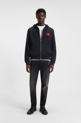 Hoodie van katoenen badstof met rits en logolabel, Zwart