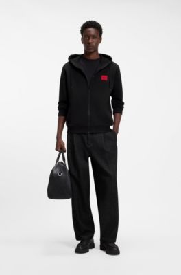 Cotton-terry zip-up hoodie with logo label, Black