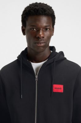 Hoodie van katoenen badstof met rits en logolabel, Zwart