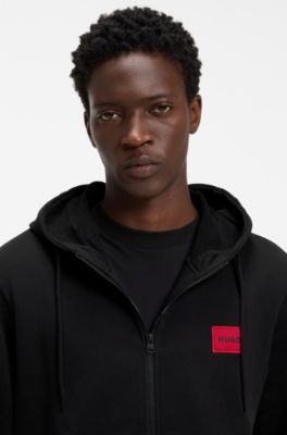 Cotton-terry zip-up hoodie with logo label, Black