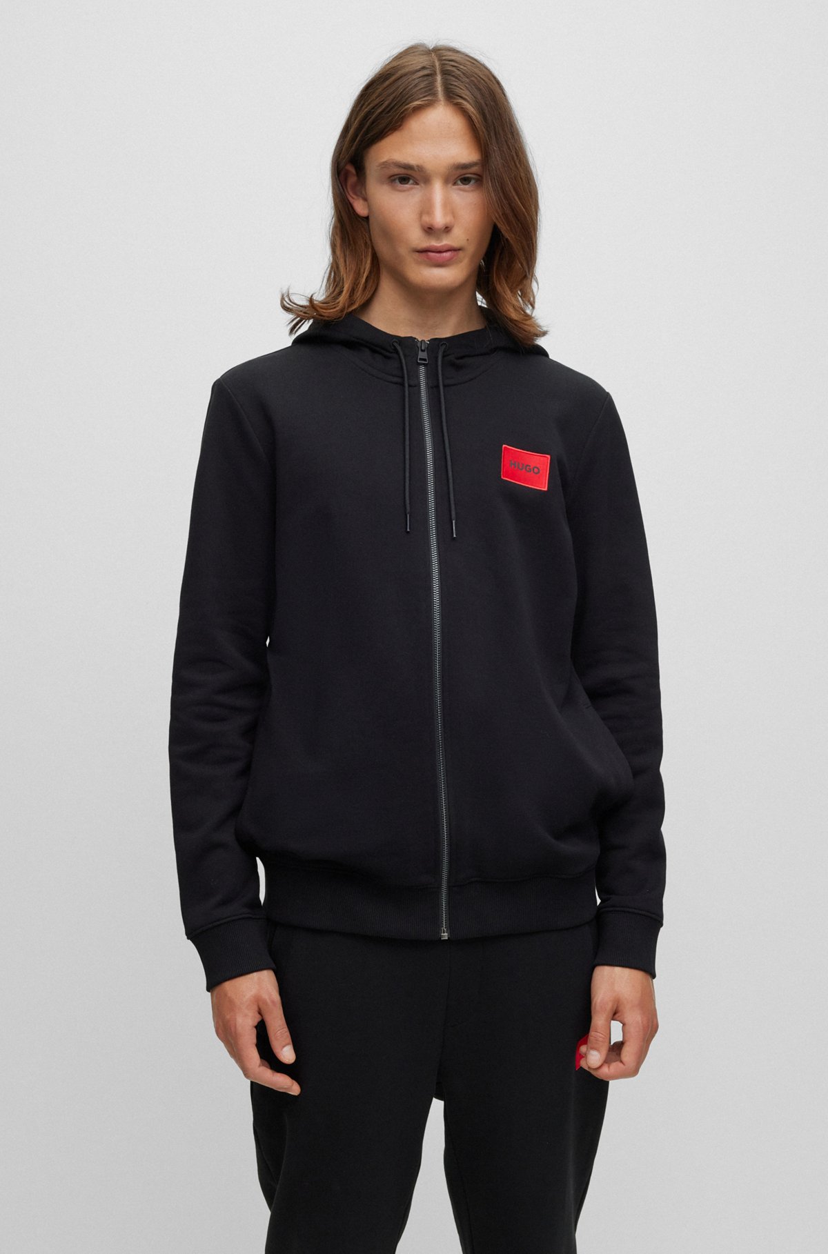 Regular-fit hoodie in French terry with logo label, Black