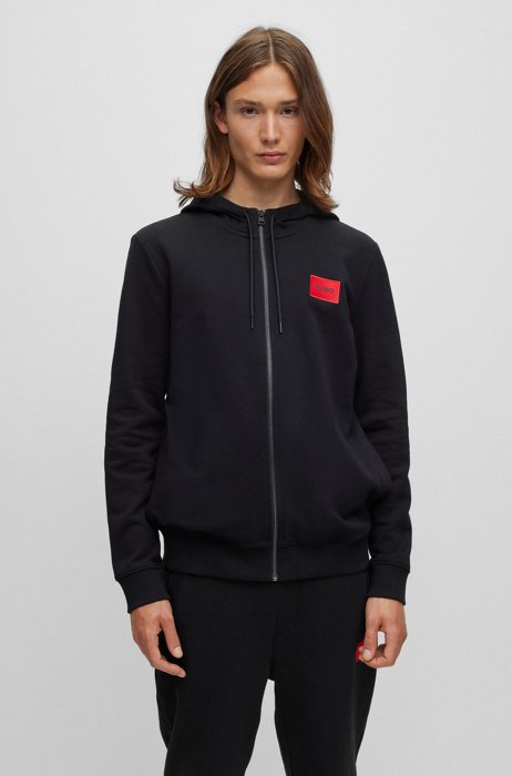 Zip-through sweatshirt in terry cotton with logo patch, Black