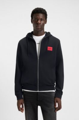 Hoodie van katoenen badstof met rits en logolabel, Zwart