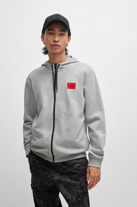 Zip-through sweatshirt in terry cotton with logo patch, Dark Grey