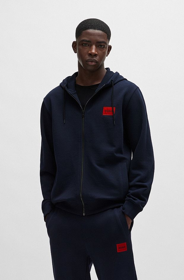Regular-fit hoodie in French terry with logo label, Dark Blue