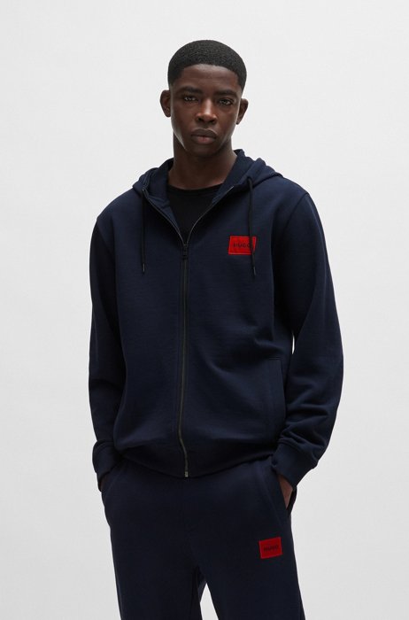 Zip-through sweatshirt in terry cotton with logo patch, Dark Blue