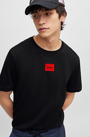 HUGO 雨果红色徽标标签常规版棉质 T 恤,  001_Black