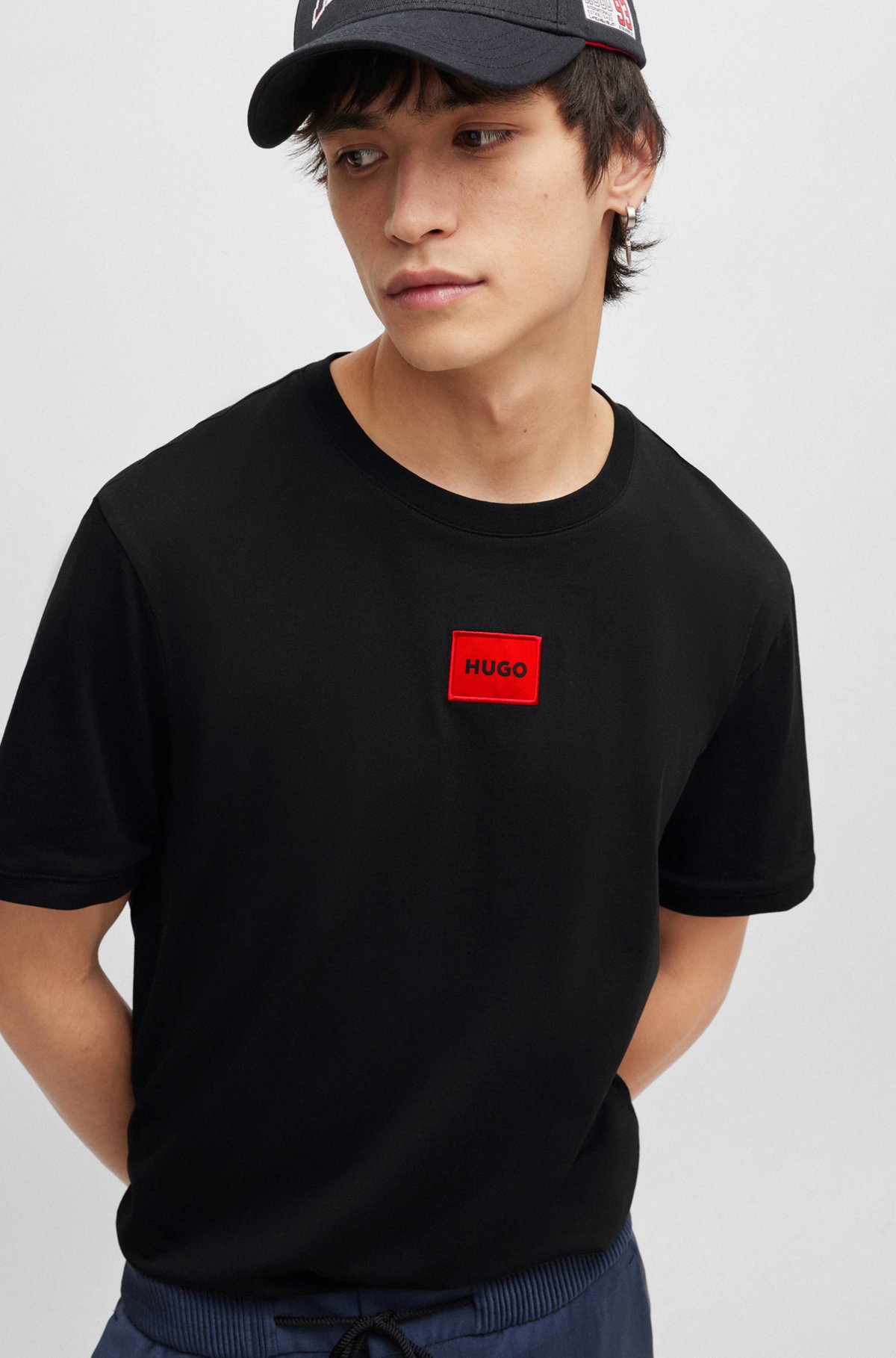 T-shirt en jersey de coton avec étiquette logo, Noir