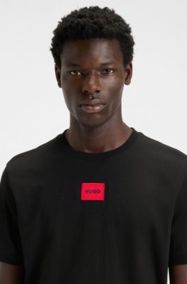 Cotton T-shirt with red woven logo label, Black