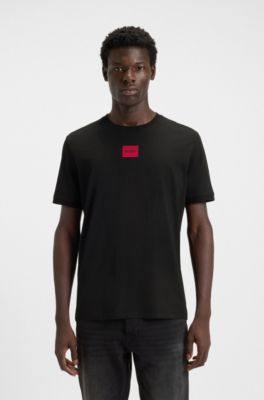 T-shirt in cotone con etichetta con logo tessuta rossa, Nero