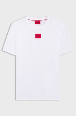 Cotton T-shirt with red woven logo label, White