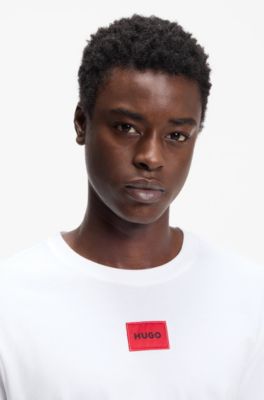 Cotton T-shirt with red woven logo label, White