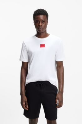 Cotton T-shirt with red woven logo label, White