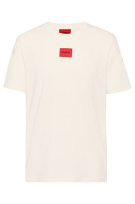 Hugo Regular-fit Cotton T-shirt With Red Logo Label In Beige