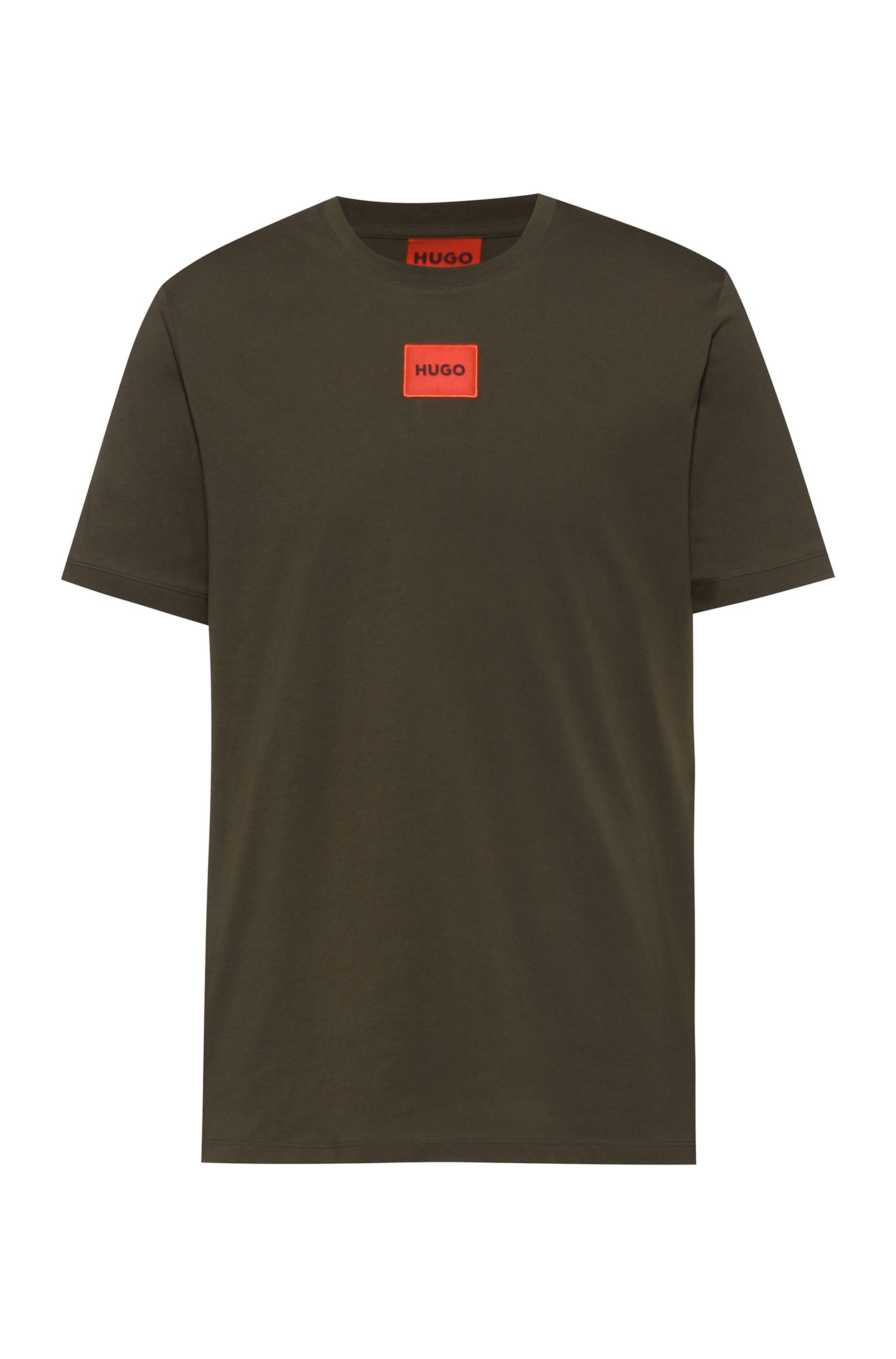 Camiseta regular fit de algodón con etiqueta con logo roja, Verde oscuro