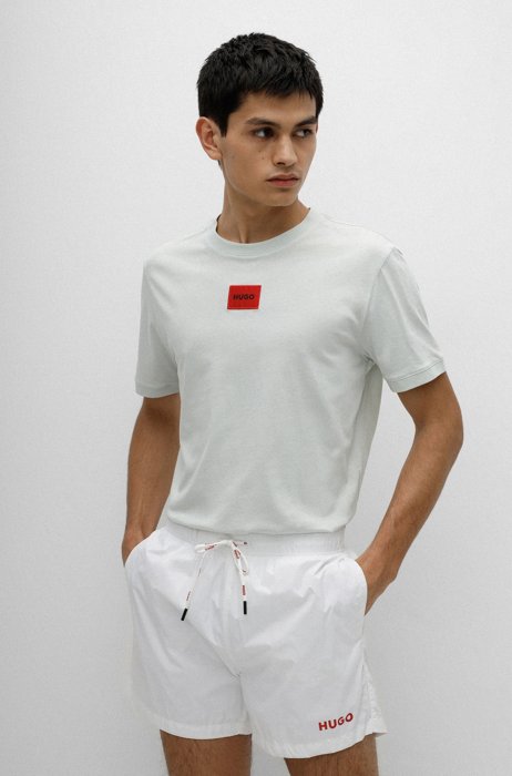 Regular-fit T-shirt van katoen met rood logolabel, Kalk