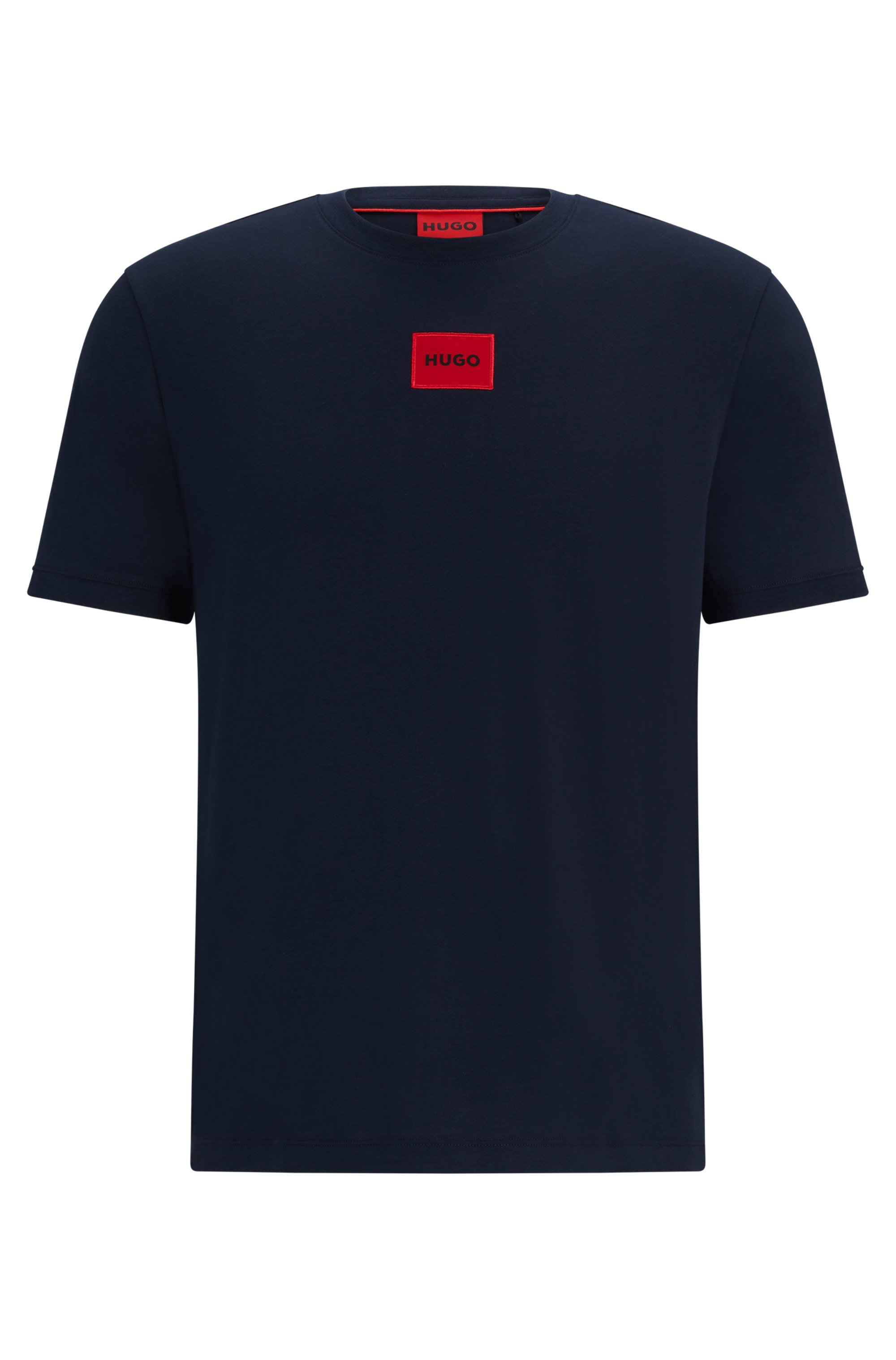 Camiseta regular fit de algodón con etiqueta con logo roja, Azul oscuro