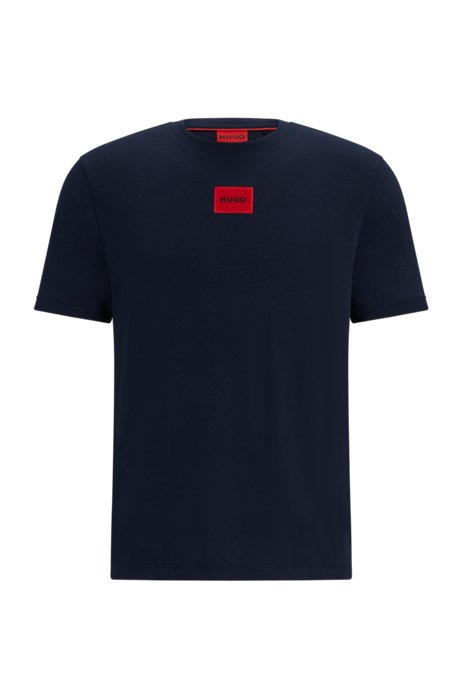 Regular-fit cotton T-shirt with red logo label, Dark Blue