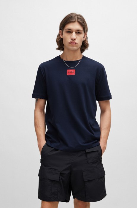 Regular-fit cotton T-shirt with red logo label, Dark Blue