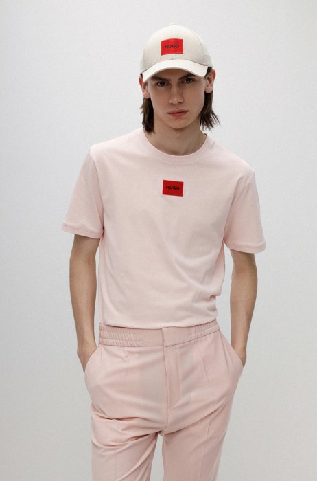 Camiseta regular fit de algodón con etiqueta con logo roja, Rosa claro