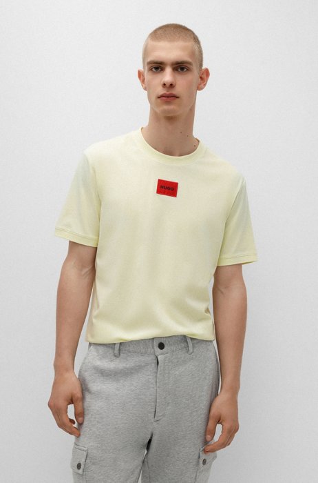Camiseta regular fit de algodón con etiqueta con logo roja, Amarillo claro