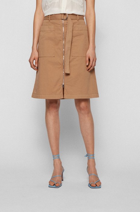 Belted chino skirt in stretch cotton, Beige