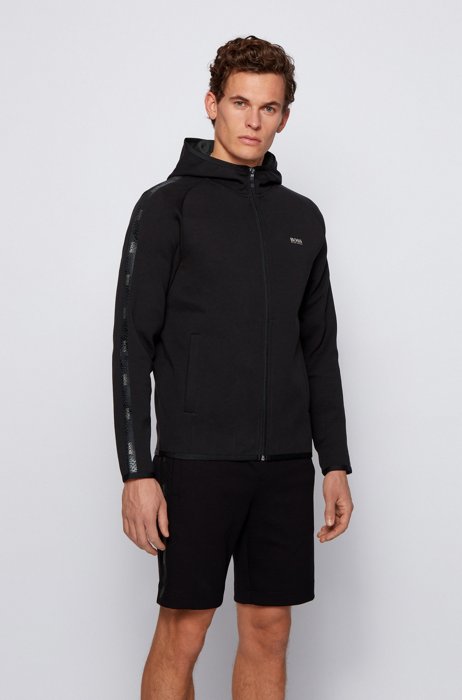 Interlock-fabric hooded sweatshirt with logo-tape trim, Black