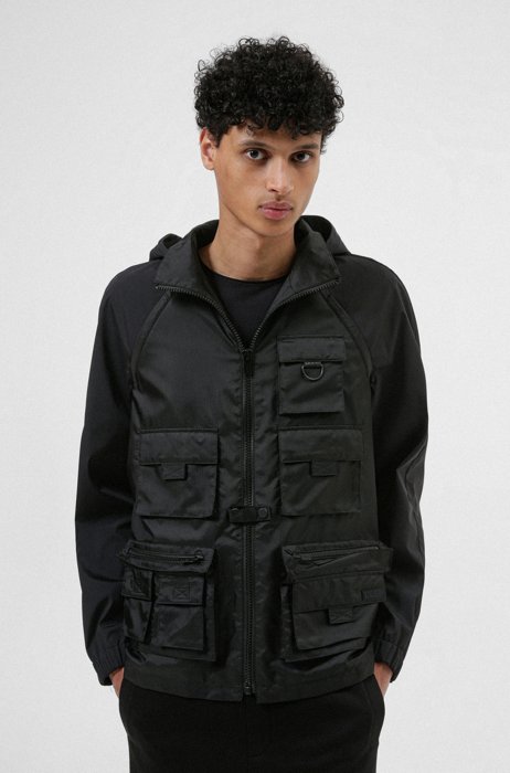 Hybrid windbreaker jacket with multiple pockets, Black