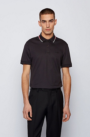 条纹衣领常规版型 Polo 衫,  001_Black