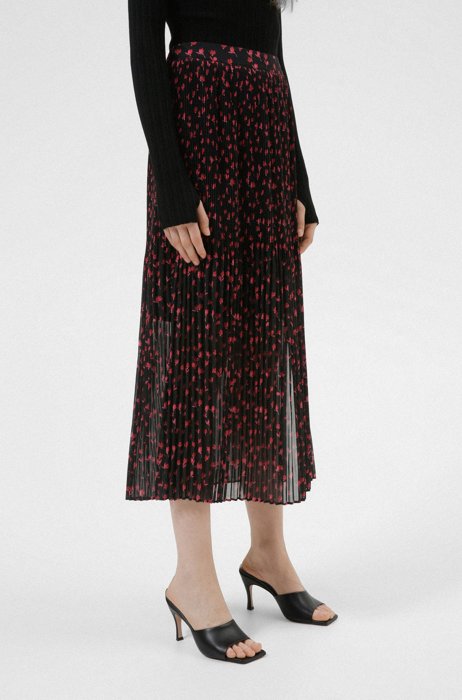 Midi skirt in plissé chiffon with cherry-blossom print, Patterned