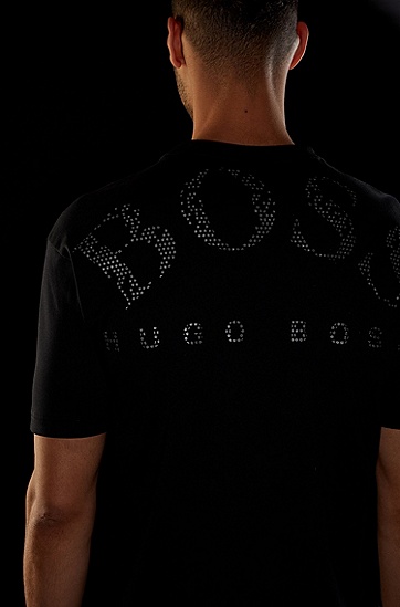 背部反光徽标常规版型棉质 T 恤,  001_黑色