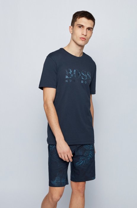 Regular-fit cotton T-shirt with botanic-print logo, Dark Blue
