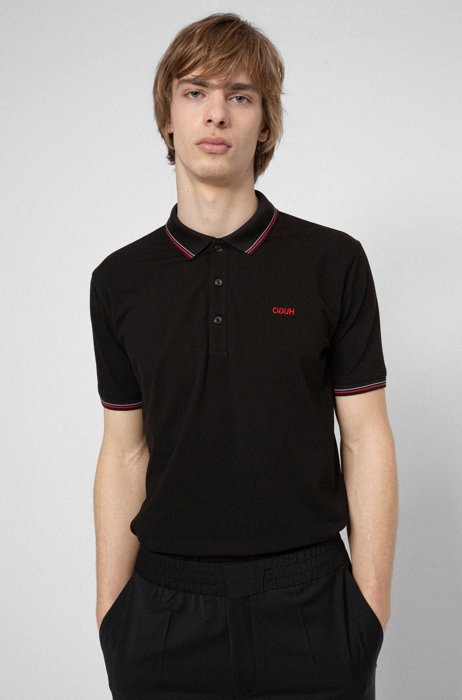 Poloshirt aus elastischem Baumwoll-Piqué, Schwarz