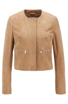 Blouson de motard court sans col en cuir suédé