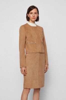 BOSS Cropped Collarless Biker Jacket In Suede
