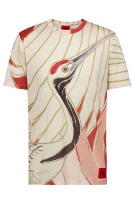 T-shirt en coton mercerisé à imprimé grue du Japon