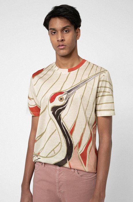 Mercerised-cotton T-shirt with Japanese-crane print, Patterned