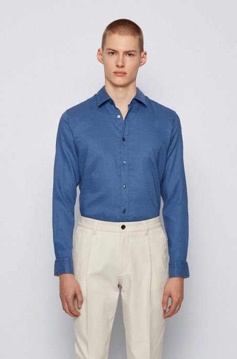 Garment-washed slim-fit shirt in stretch linen, Light Blue