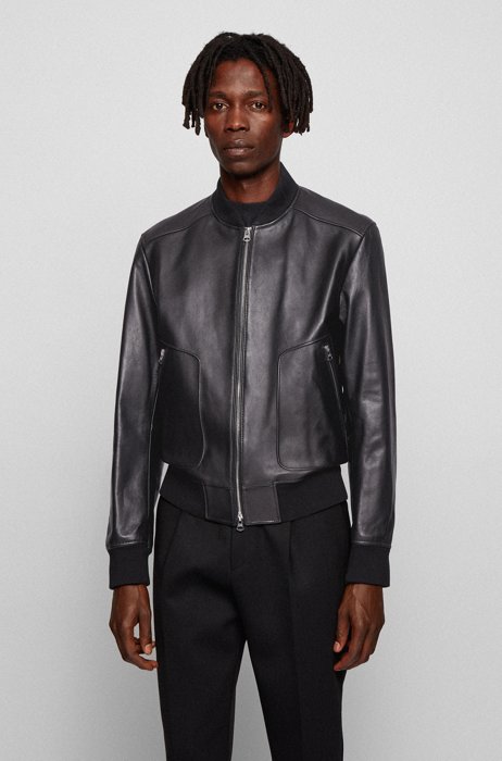 Regular-fit jacket in nappa leather with ribbed knitwear, Black