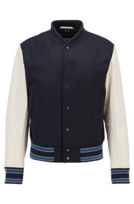 Bomber en laine mélangée avec manches en cuir nappa
