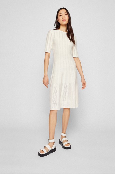 Wide-neck knitted dress with three-quarter sleeves, White