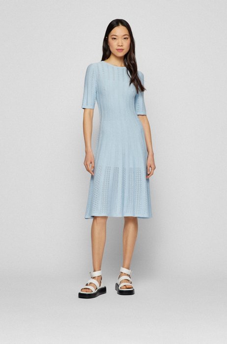 Wide-neck knitted dress with three-quarter sleeves, Light Blue