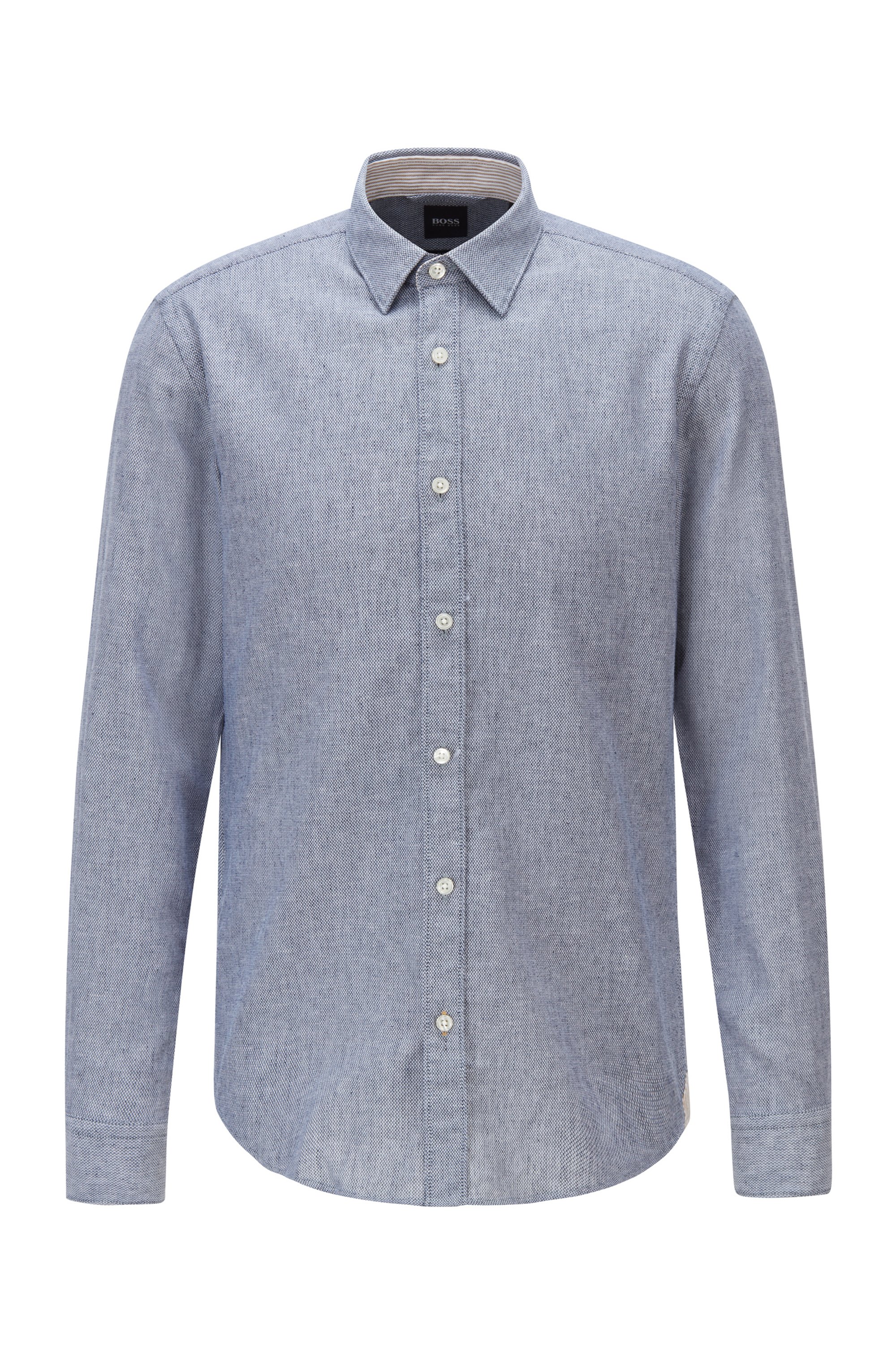 Garment-washed slim-fit shirt in patterned dobby, Dark Blue