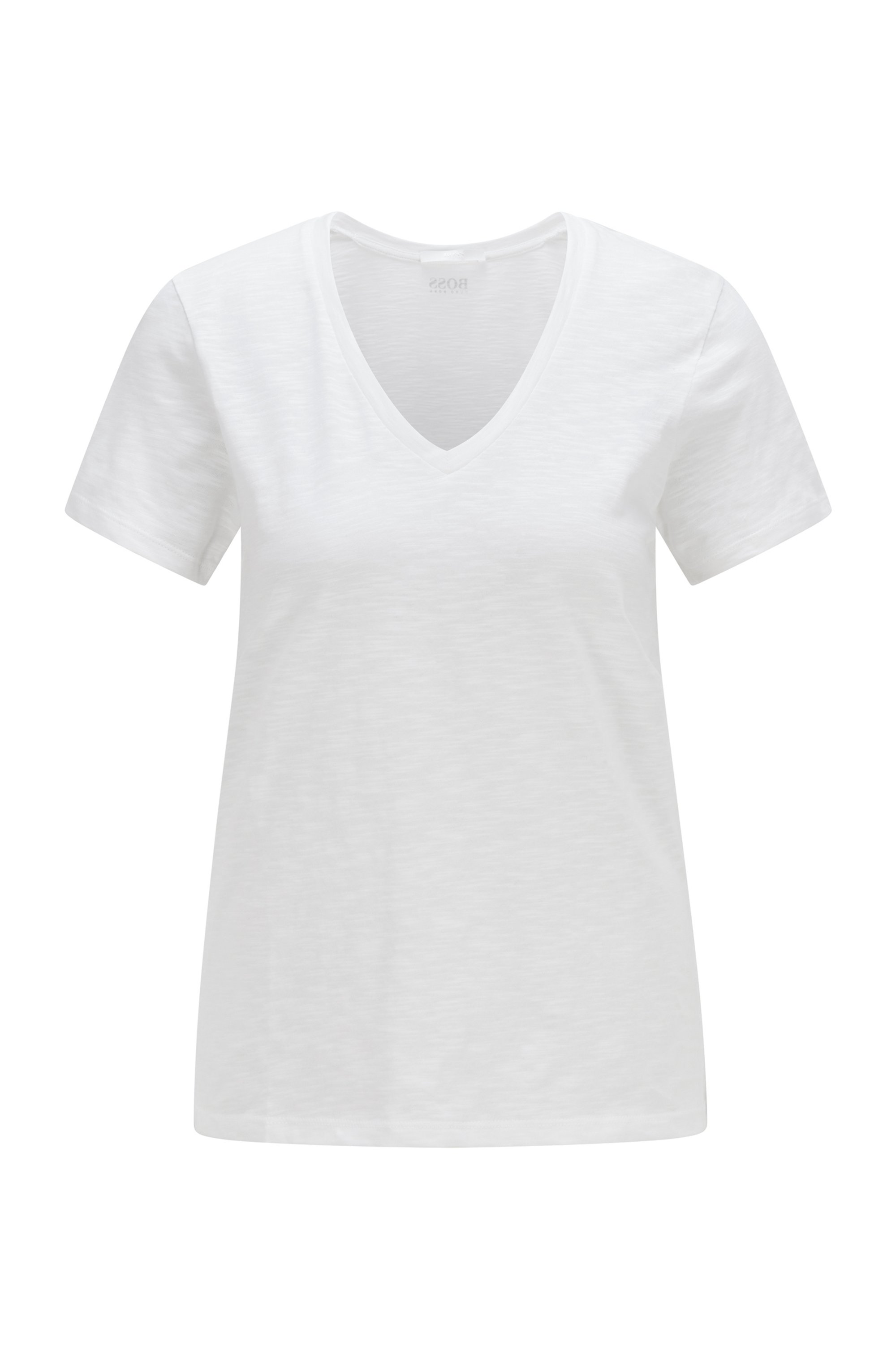 T-Shirt aus strukturierter Baumwolle mit V-Ausschnitt, Weiß