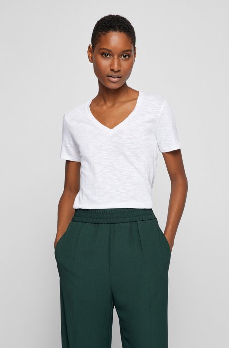 T-Shirt aus strukturierter Baumwolle mit V-Ausschnitt, Weiß
