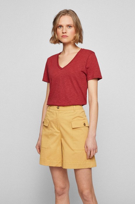 Regular-fit V-neck T-shirt in slub cotton, Dark Red