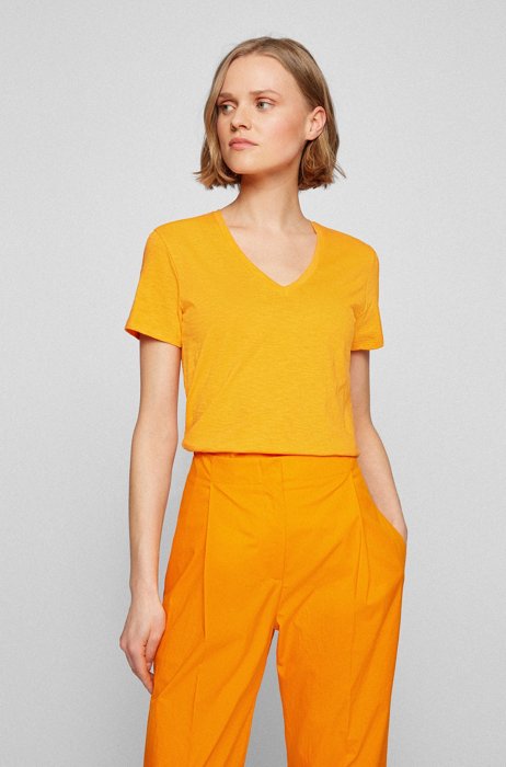 Regular-fit V-neck T-shirt in slub cotton, Orange
