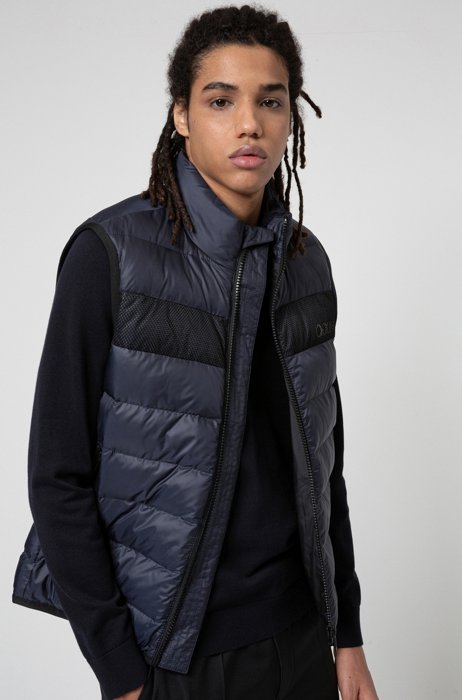 Recycled-fabric puffer gilet with reversed logo, Dark Blue