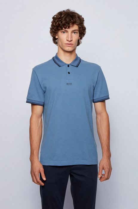 Cotton-piqué polo shirt with seven-layer logo, Light Blue