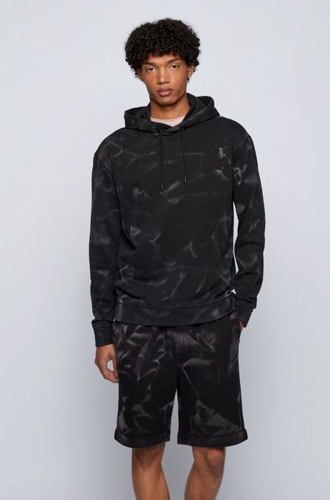 Relaxed-fit hoodie in French terry with bleach spray, Black